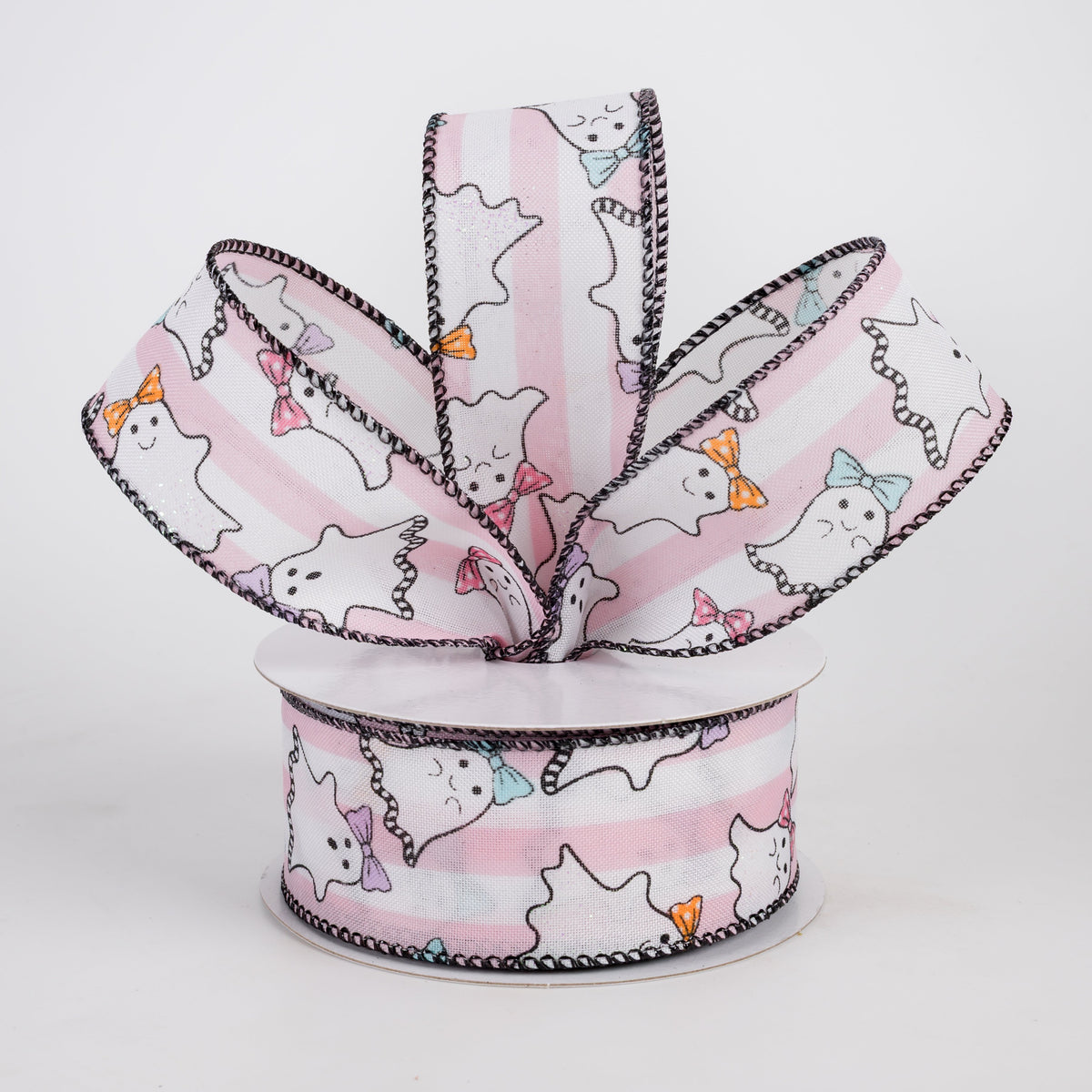 1.5" Cutie Bow Ghosts Ribbon: Pink & White Satin Stripes (10 Yards) Lifestyle Photo