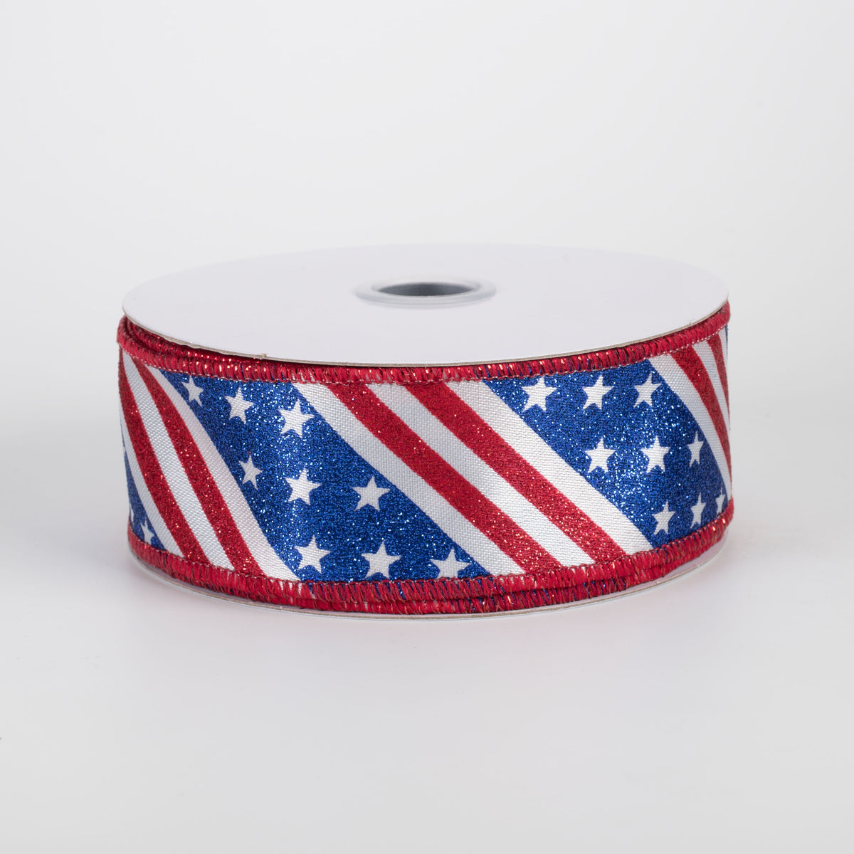 1.5" Diagonal Glittered Stars & Stripes Ribbon: Red, White & Blue (10 Yards) Item Number: RGH1095A1