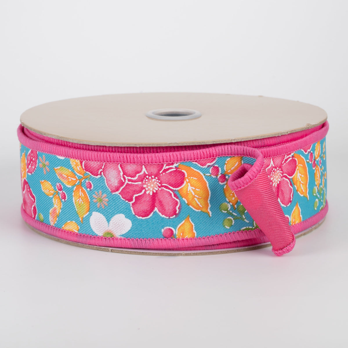 1.5" Double Sided Fused Watercolor Flowers Ribbon: Turquoise & Pink (10 Yards) Item Number: LX332134