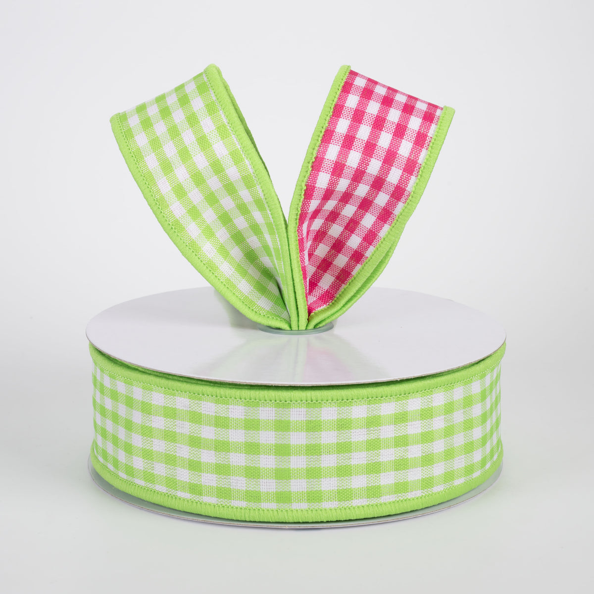 1.5" Double Sided Gingham Check Ribbon: Lime & Hot Pink (10 Yards) Lifestyle Photo