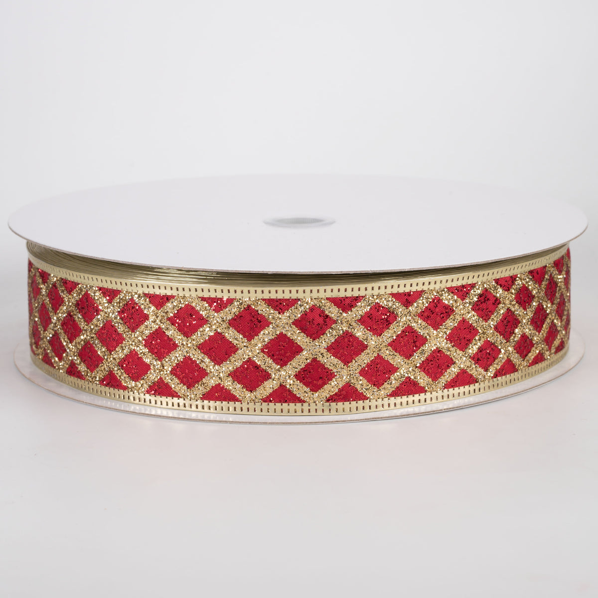 1.5" Glitter Cross Stripe Metallic Edge Ribbon: Gold on Red (50 Yards) Item Number: 875-09-353