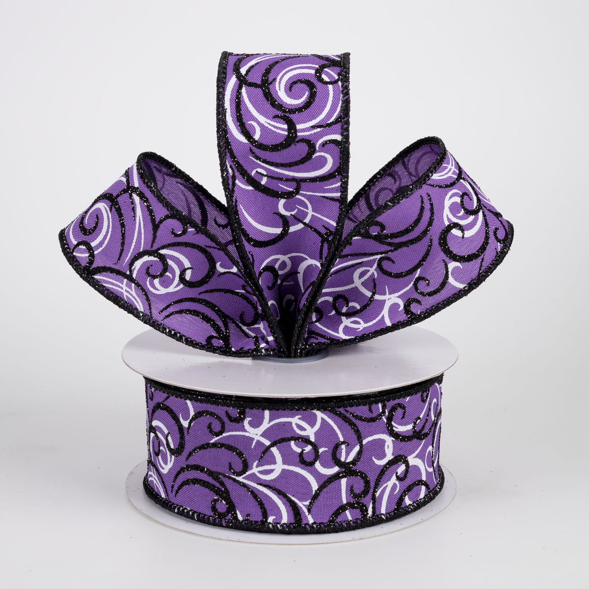 1.5" Glittered Multi Swirls Ribbon: Black & White on Purple (10 Yards) Lifestyle Photo