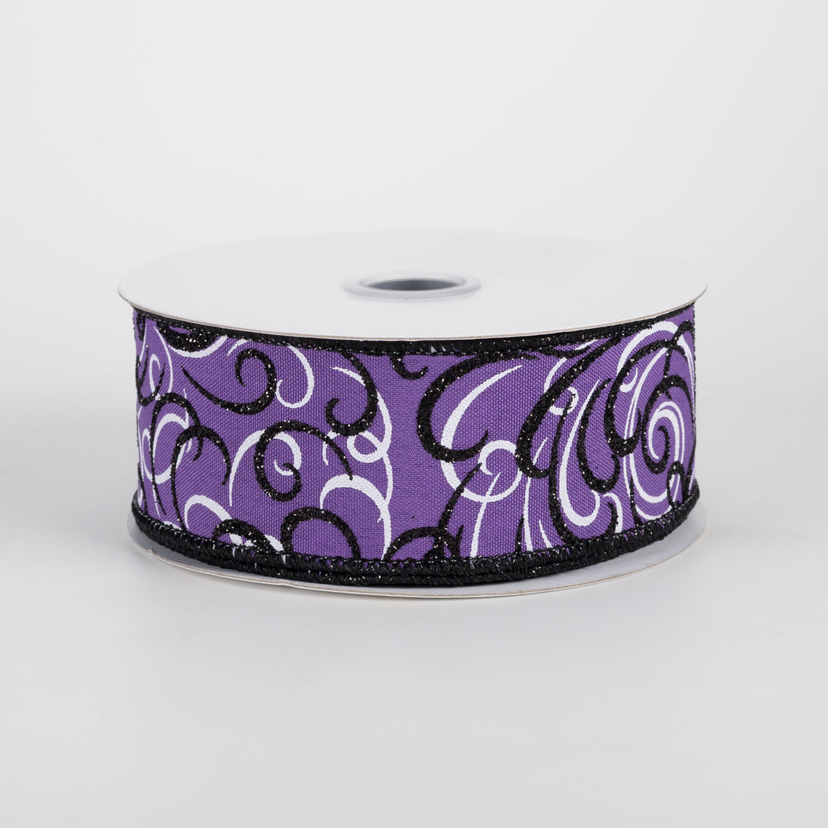1.5" Glittered Multi Swirls Ribbon: Black & White on Purple (10 Yards) Item Number: RGF13288W