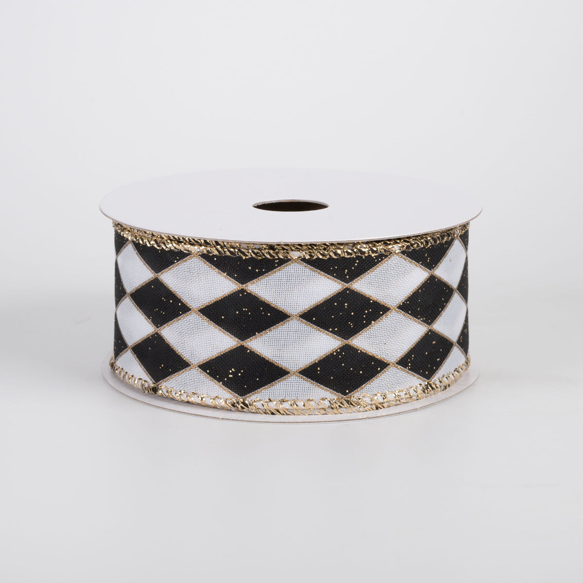 1.5" Glittered Satin Harlequin Ribbon: Black & Gold on White (10 Yards) Item Number: 73529-09-21