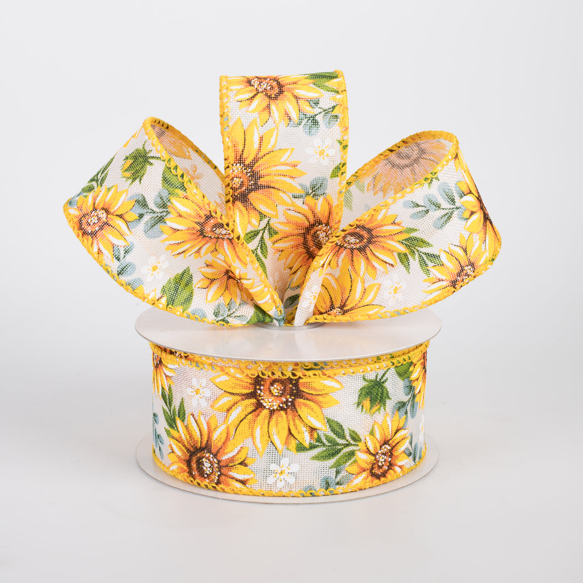 1.5" Linen Sunflowers & Eucalyptus Ribbon: White (10 Yards) Lifestyle Photo