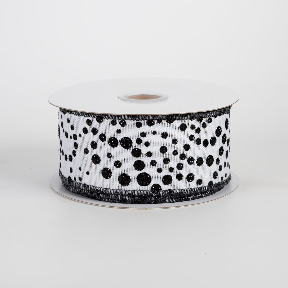 1.5" Mini Glitter Dots Ribbon: Black on White (10 Yards) Item Number: RGF1719X6
