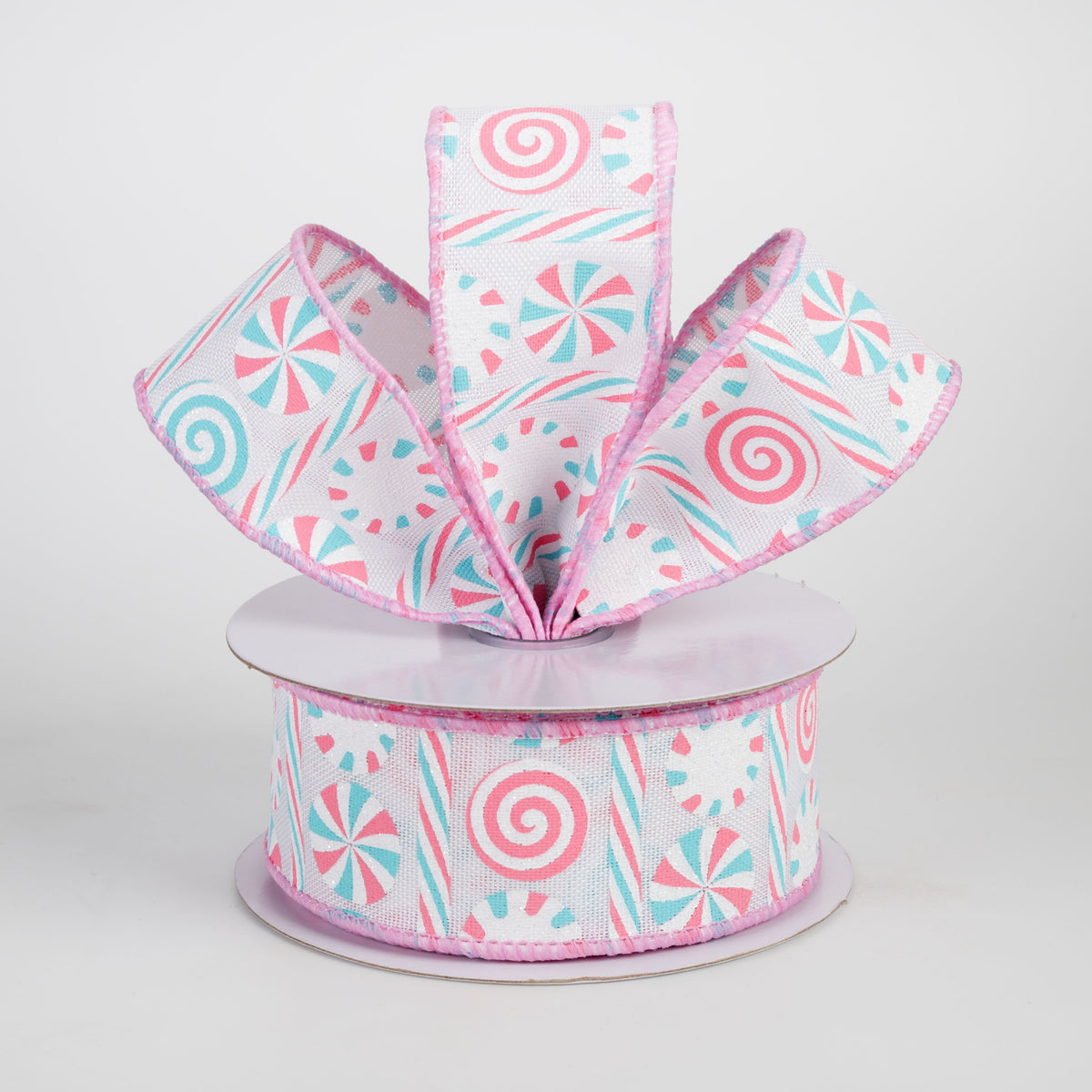 1.5" Peppermints & Peppermint Stripes Ribbon: White, Pink & Light Blue (10 Yards) Lifestyle Photo