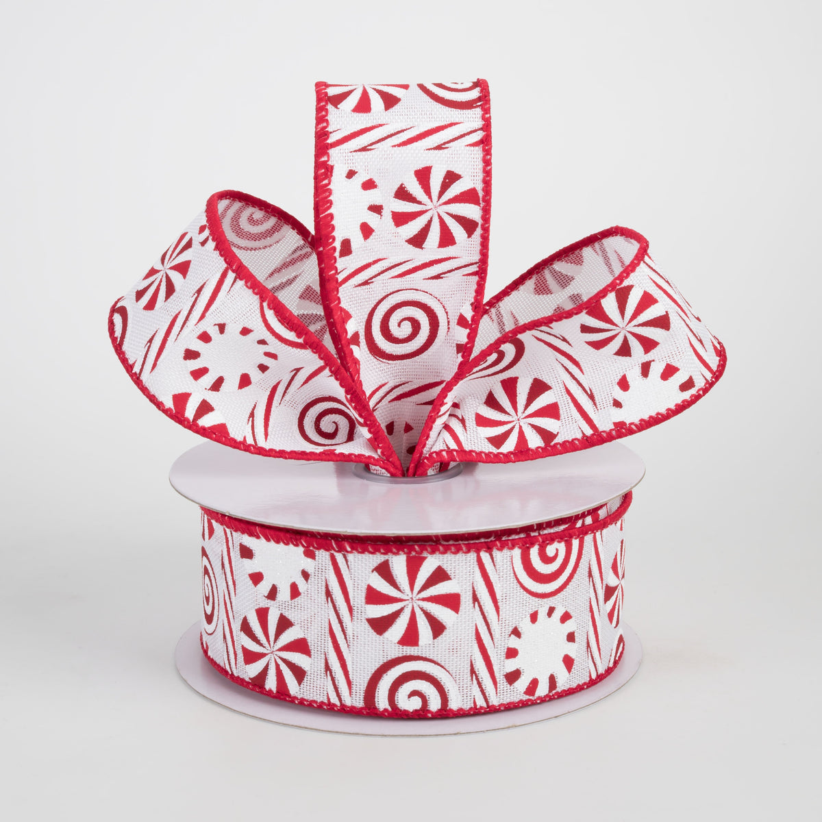 1.5" Peppermints & Peppermint Stripes Ribbon: White, Red & Dark Red (10 Yards) Lifestyle Photo