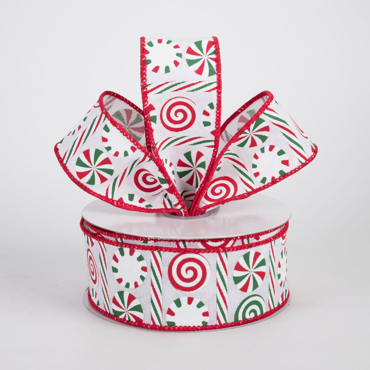 1.5" Peppermints & Peppermint Stripes Ribbon: White, Red & Emerald (10 Yards) Lifestyle Photo