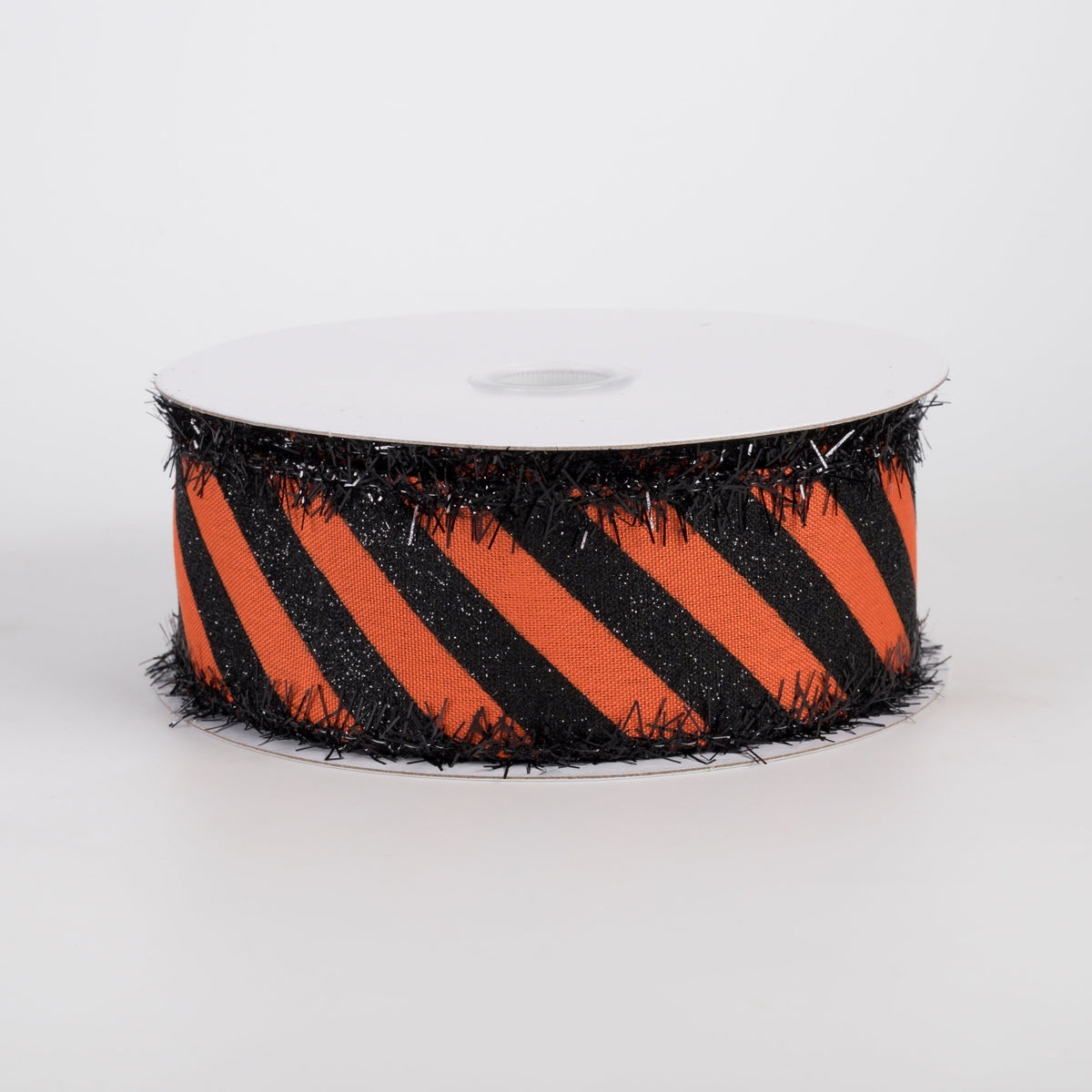 1.5" Tinsel Edge Glittered Diagonal Stripes Ribbon: Black on Orange (10 Yards) Item Number: 51504-09-20