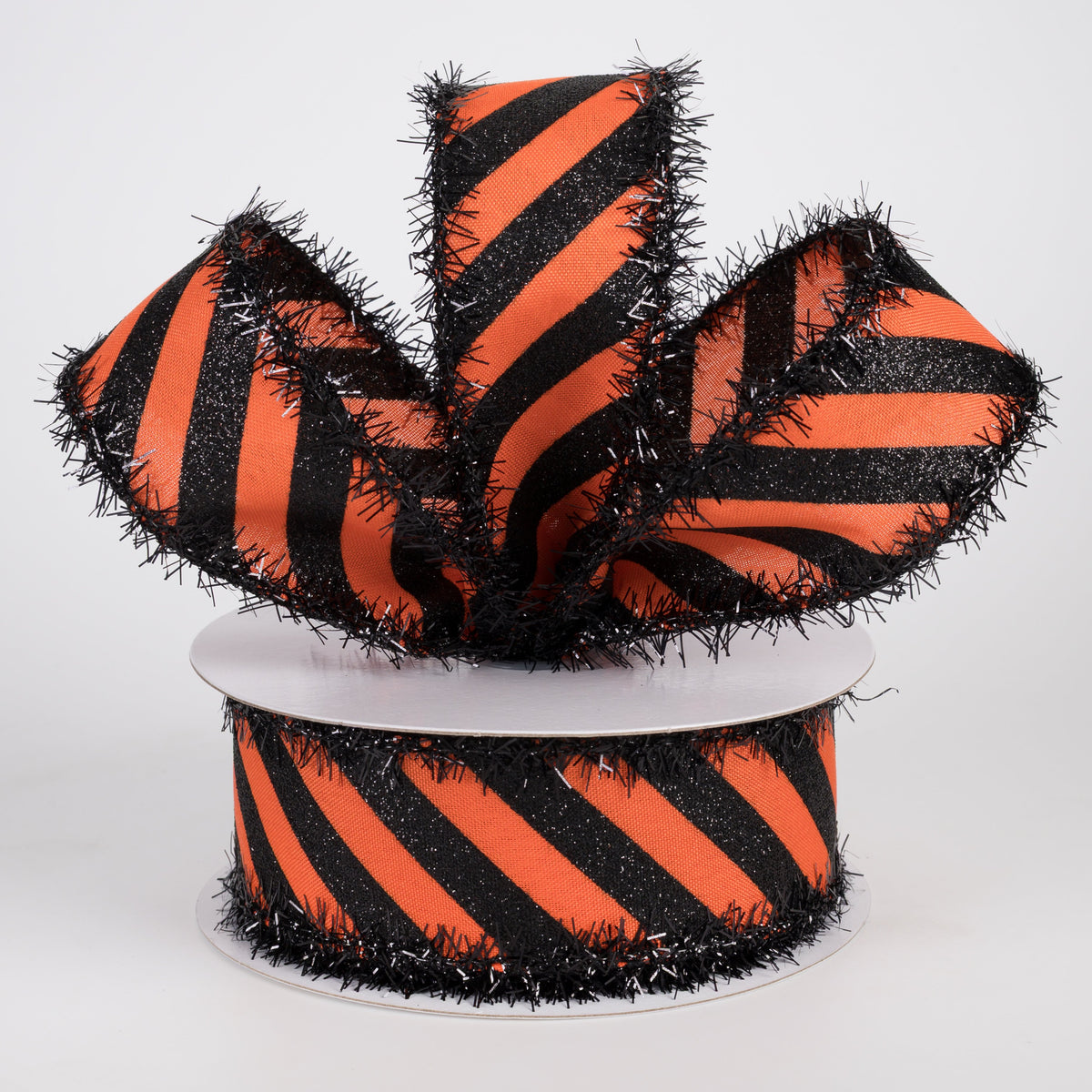 1.5" Tinsel Edge Glittered Diagonal Stripes Ribbon: Black on Orange (10 Yards) Lifestyle Photo