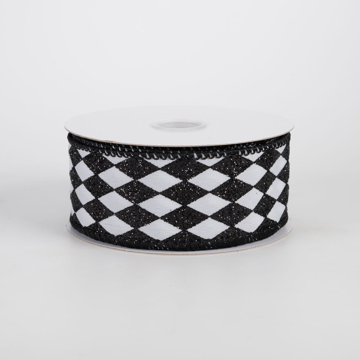 1.5" Tiny Glitter Harlequin on Satin Ribbon: Black on White (10 Yards) Item Number: 72601-09-01