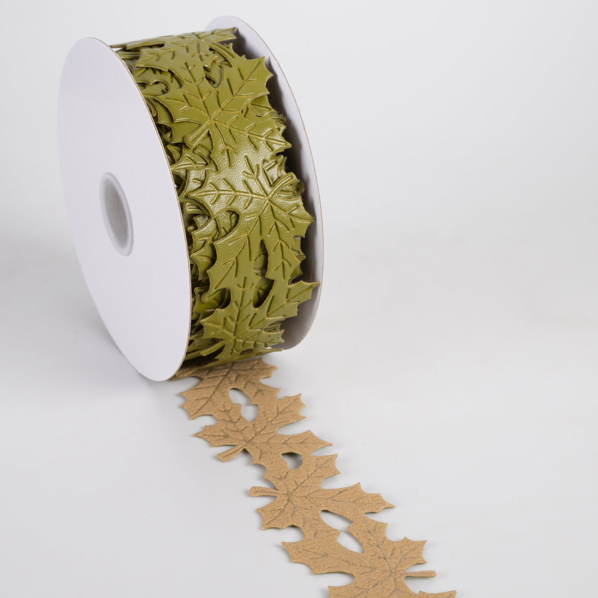 1.5" Unwired Faux Leather Leaf Cutout Ribbon: Moss Green (10 Yards) detail photo 3