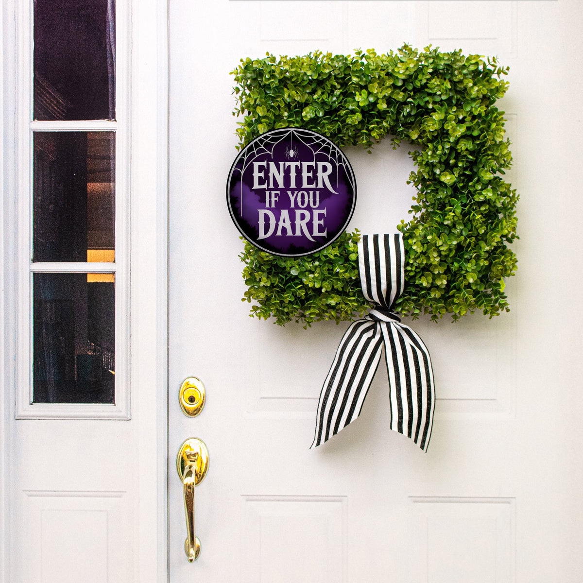 10.5" Round Waterproof Sign: Enter If You Dare Spiderweb Lifestyle Photo