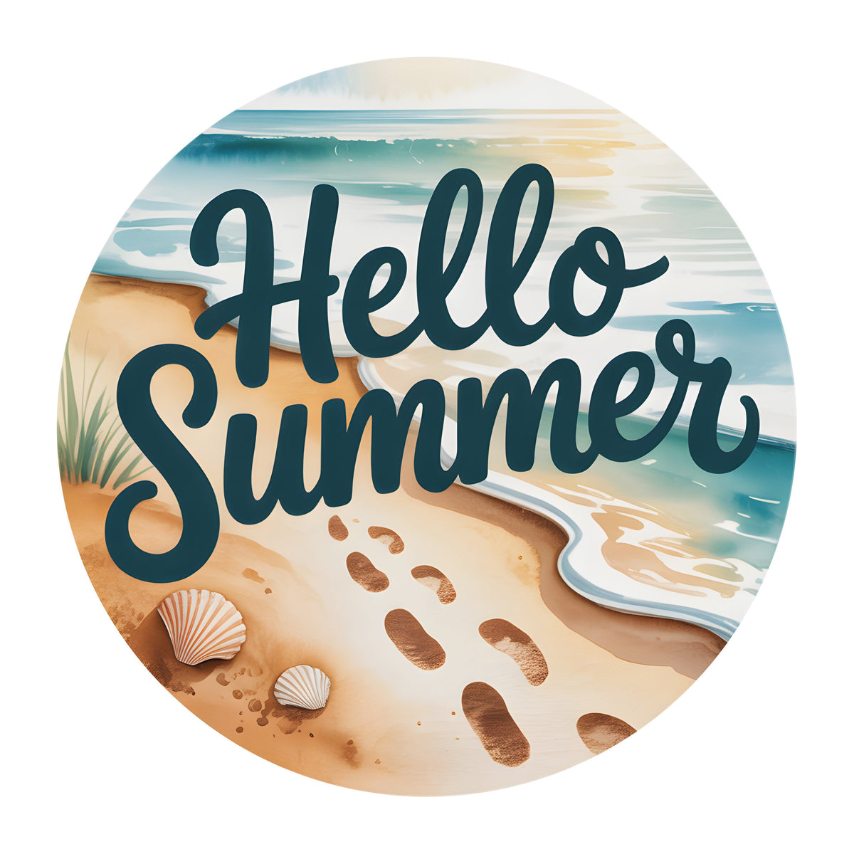 10.5" Round Waterproof Sign: Hello Summer Beach Footprints Item Number: CD1362NH-105