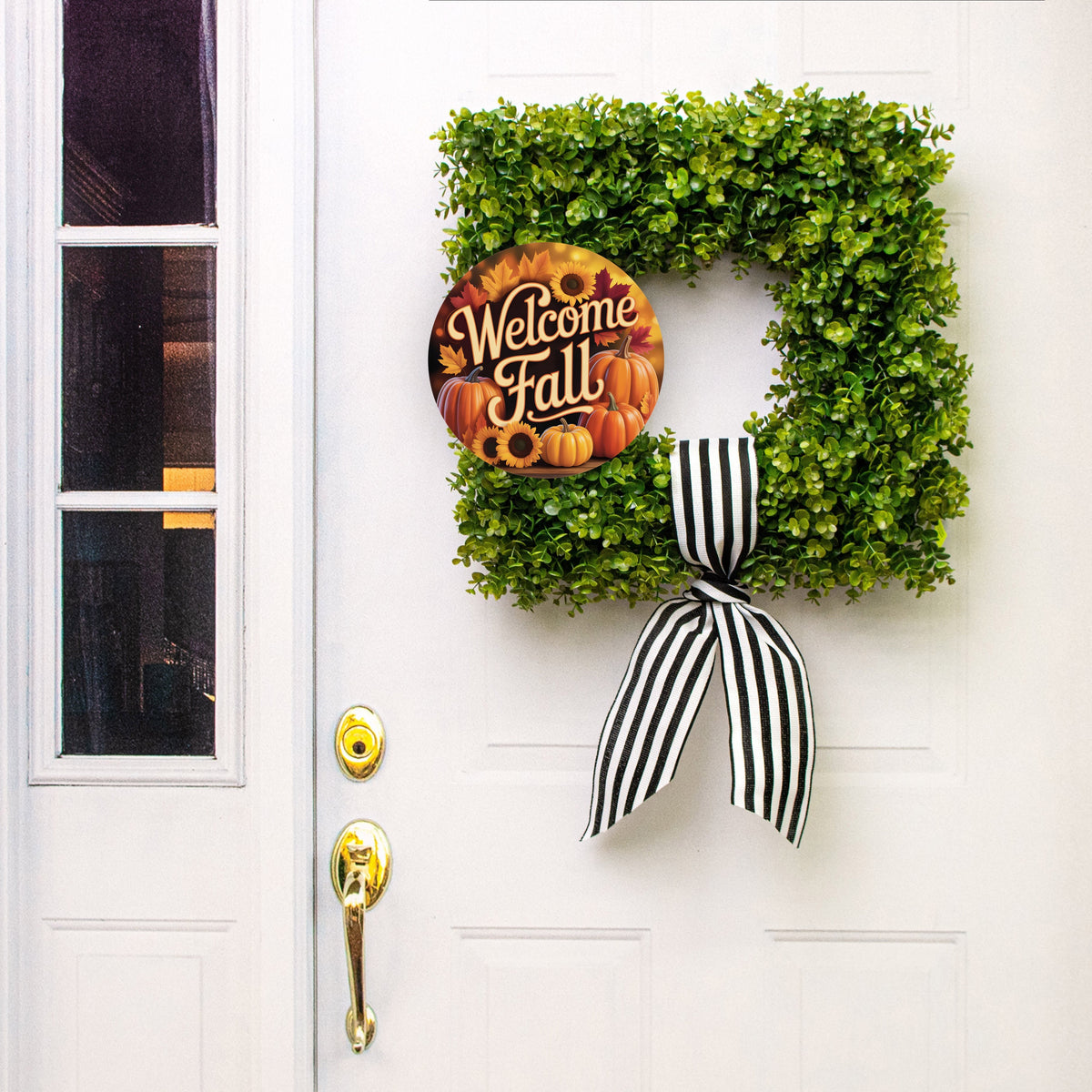 10.5" Round Waterproof Sign: Welcome Fall Pumpkins Sunflowers Lifestyle Photo