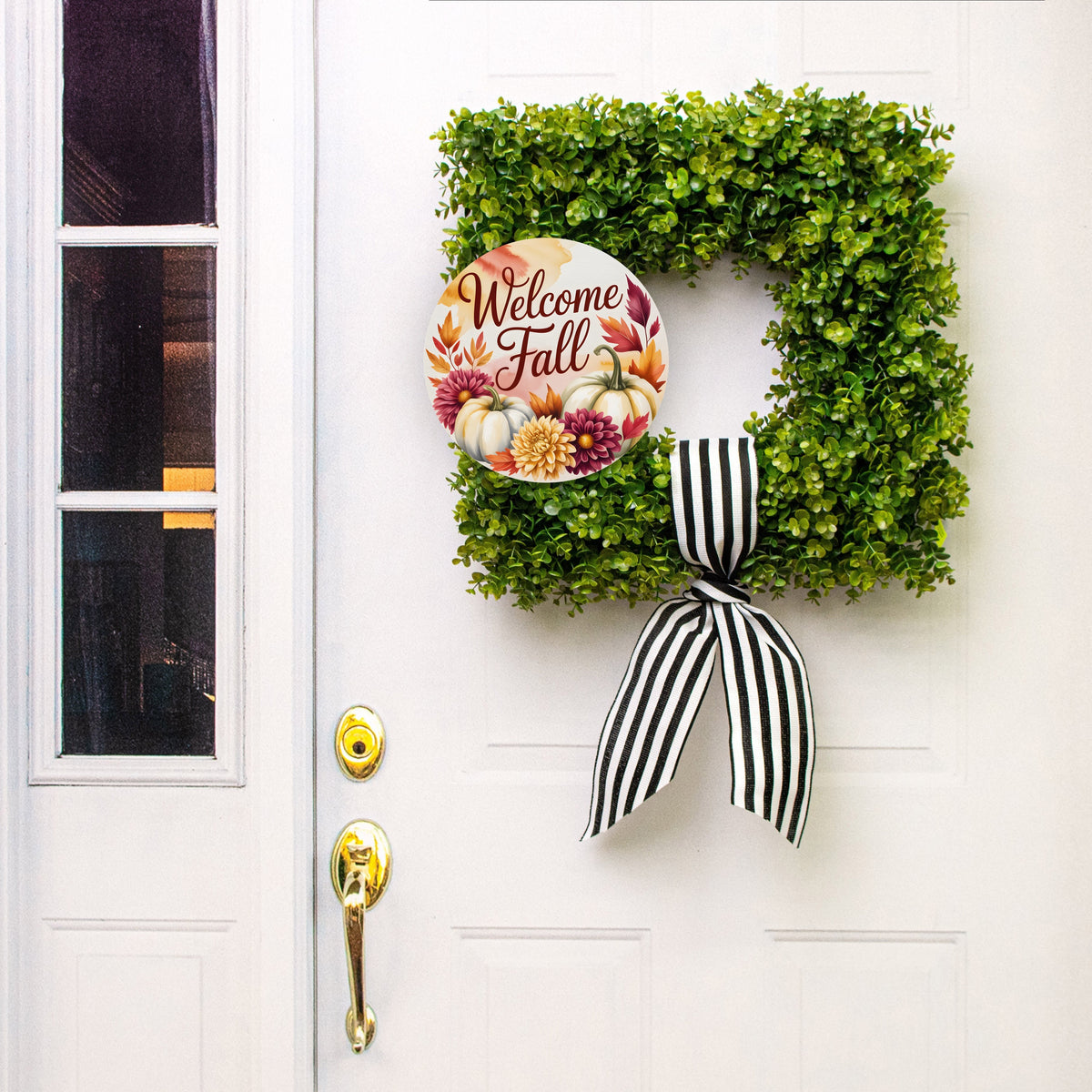 10.5" Round Waterproof Sign: Welcome Fall White Pumpkins Dahlias Lifestyle Photo