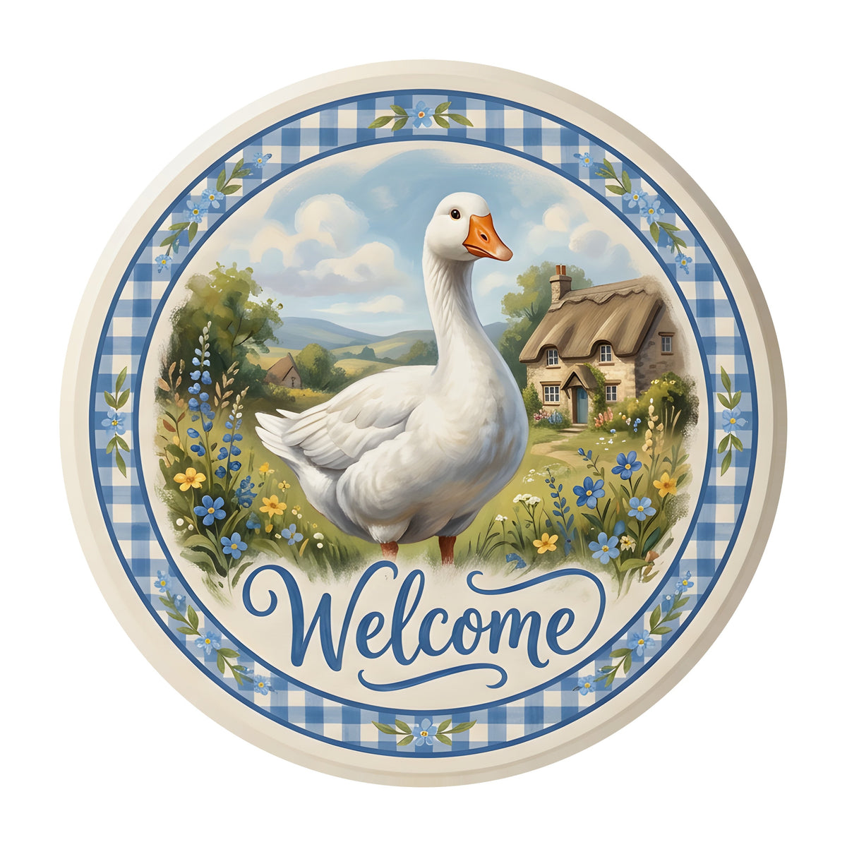 10.5" Round Waterproof Sign: White Goose Cottage Welcome Item Number: CD1380NH-105