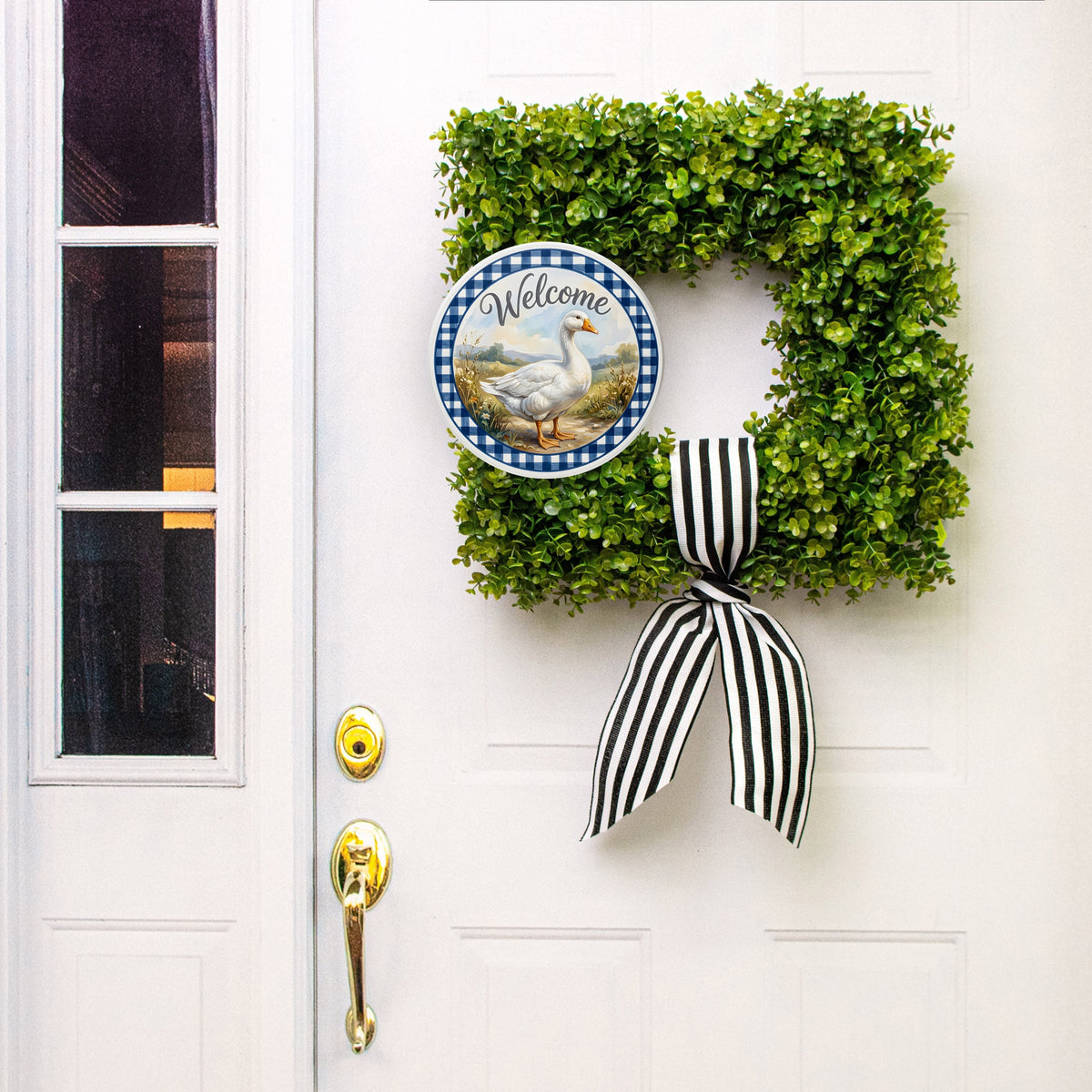 10.5" Round Waterproof Sign: White Goose Welcome Gingham Border Lifestyle Photo
