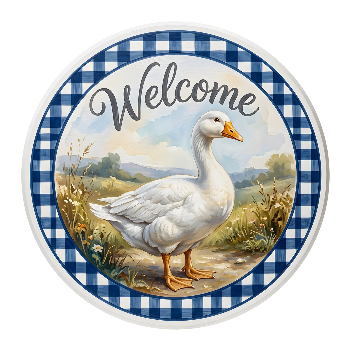 10.5" Round Waterproof Sign: White Goose Welcome Gingham Border Item Number: CD1388NH-105