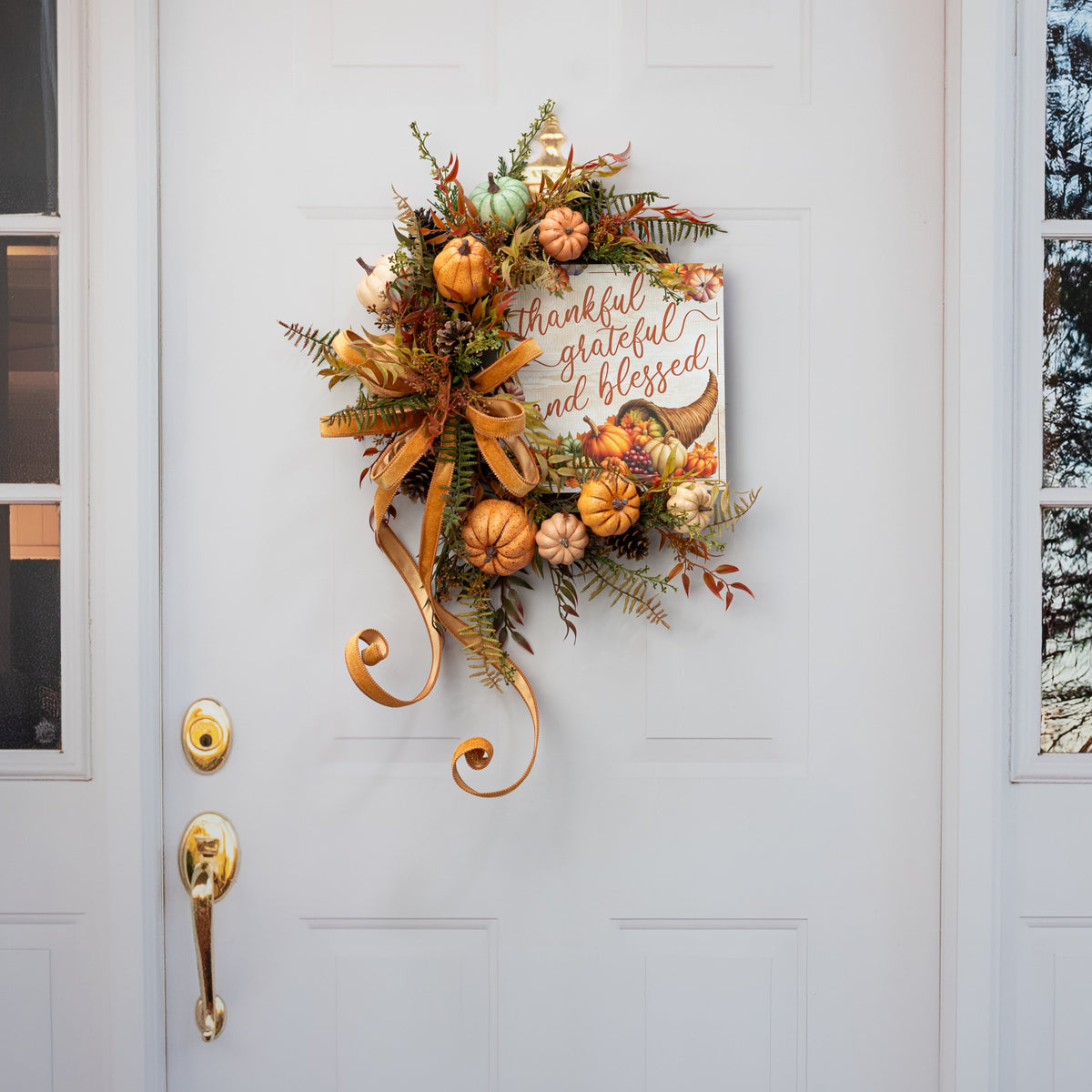 10" Square Wooden Sign: Thankful, Grateful, Blessed Cornucopia detail photo 4