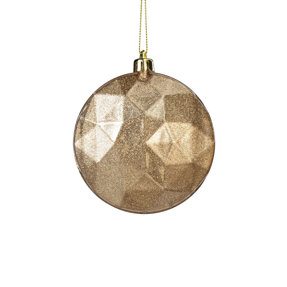 100mm Faceted Flat Round Gem Ornament: Glitter Inside Champagne Gold Item Number: XJ7655N5
