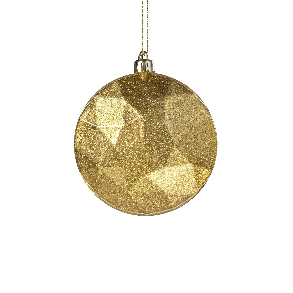 100mm Faceted Flat Round Gem Ornament: Glitter Inside Gold Item Number: XJ765508
