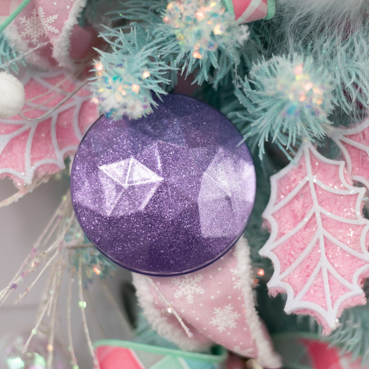 100mm Faceted Flat Round Gem Ornament: Glitter Inside Lavender Lifestyle Photo