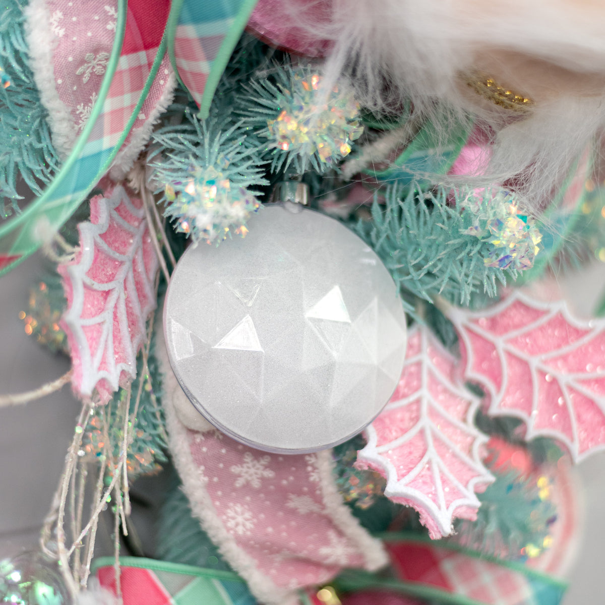 100mm Faceted Flat Round Gem Ornament: Glitter Inside White Lifestyle Photo