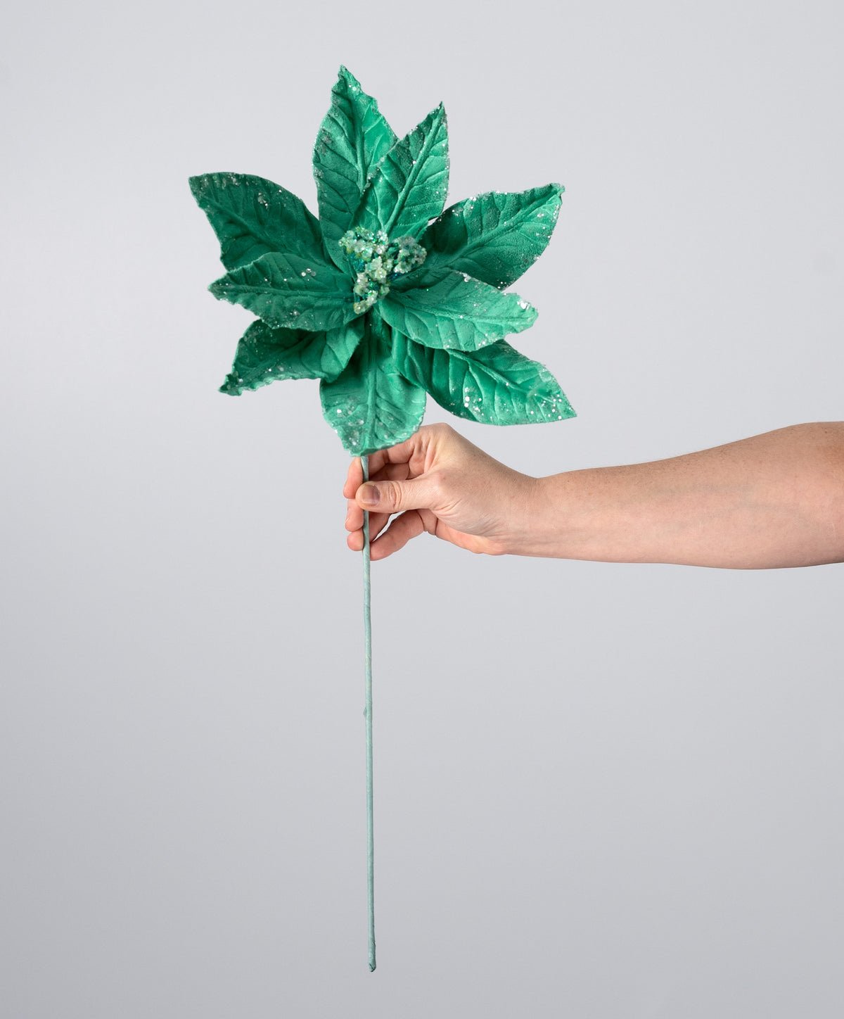 12" x 25" Velvet Poinsettia Stem: Mint Green detail photo 3