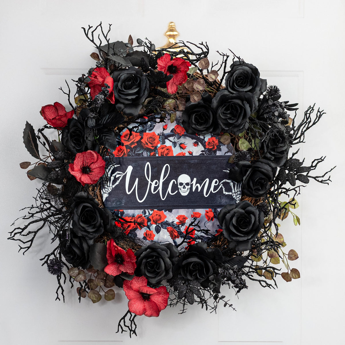 12" Round Metal Sign: Black & Red Roses Welcome Skeleton Lifestyle Photo