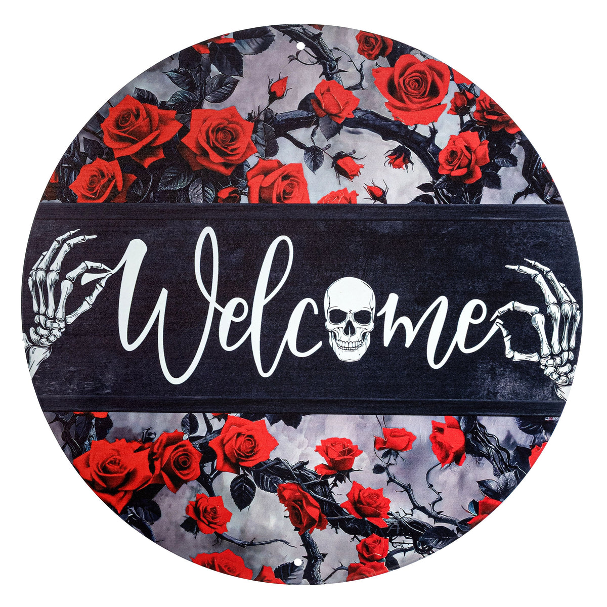 12" Round Metal Sign: Black & Red Roses Welcome Skeleton Item Number: MD1892M7