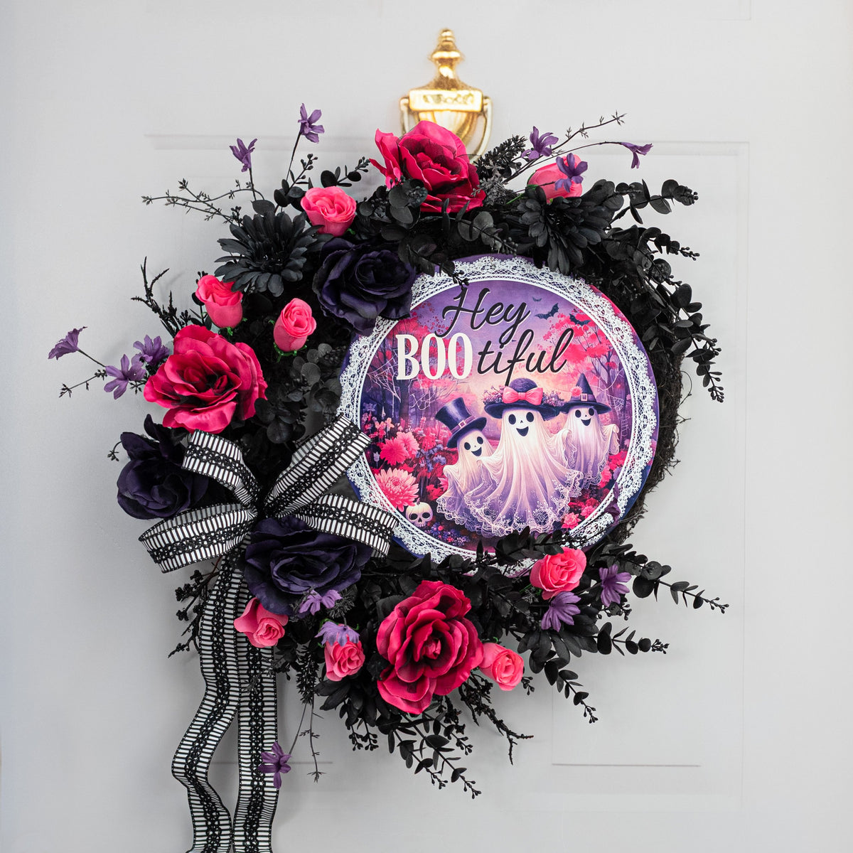 12" Round Metal Sign: Hey Boo-tiful Fancy Ghosts Pink Lifestyle Photo