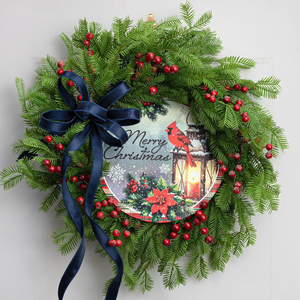 12" Round Metal Sign: Merry Christmas Cardinal Lantern Lifestyle Photo