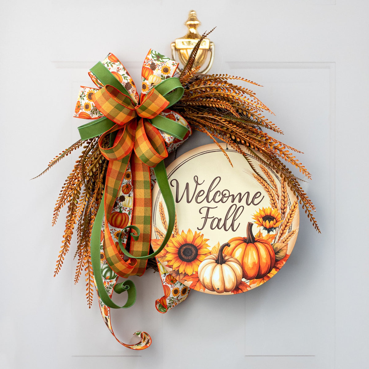 12" Round Metal Sign: Welcome Fall Pumpkins Lifestyle Photo