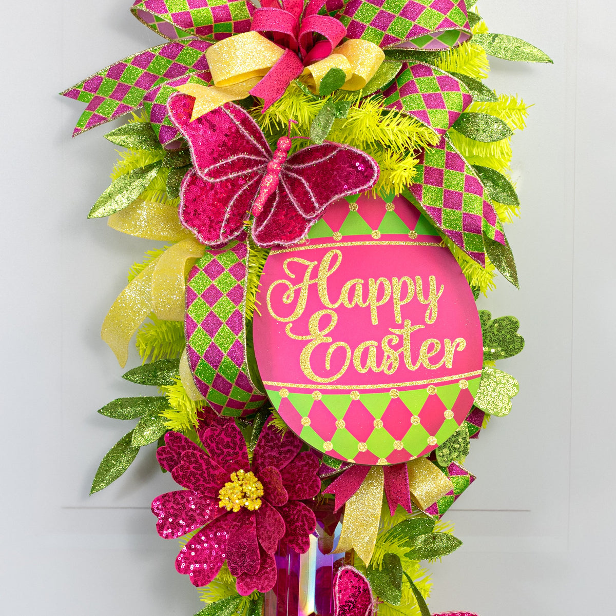 12" Wooden Egg Sign: Glittered Harlequin Happy Easter Lifestyle Photo