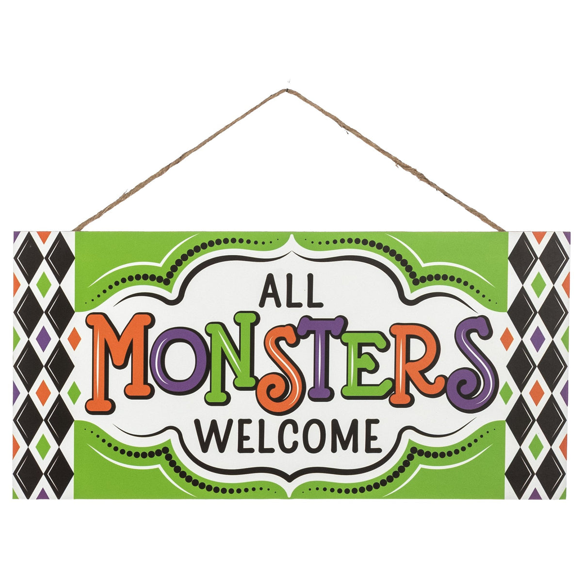 12" Wooden Sign: All Monsters Welcome Green Item Number: AP7459K3