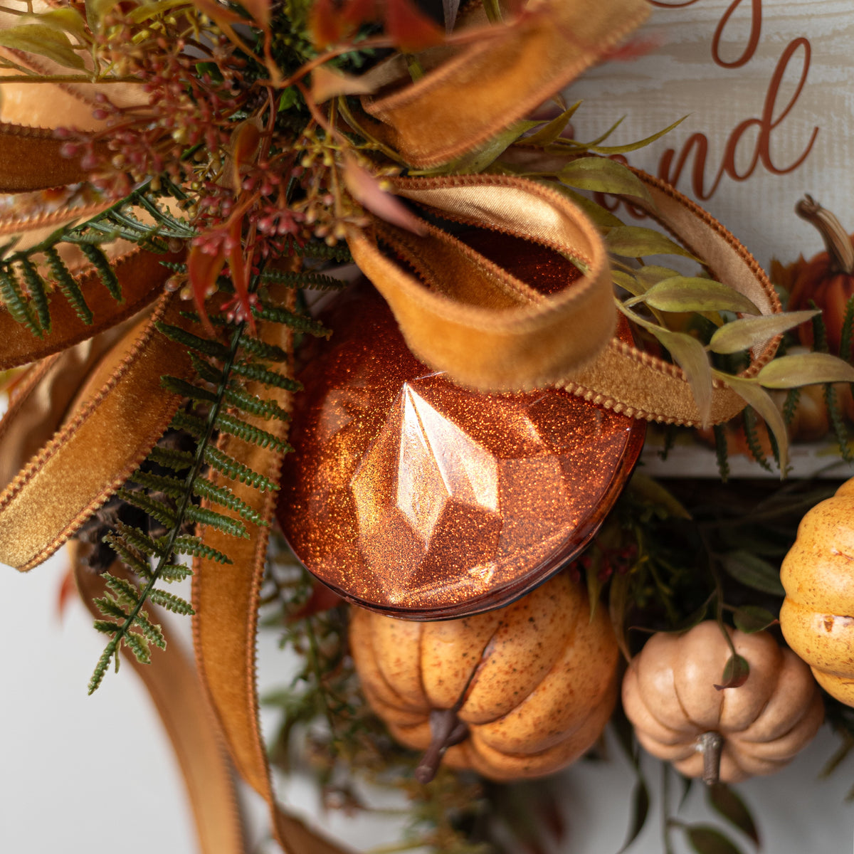 120mm Faceted Flat Round Gem Ornament: Glitter Inside Copper Orange Lifestyle Photo