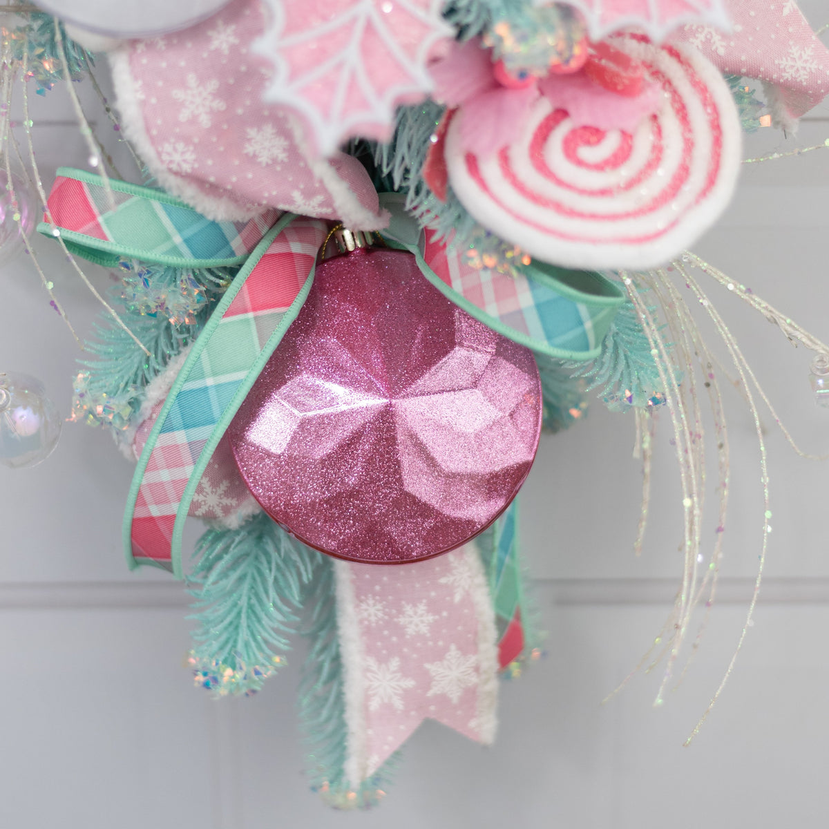 120mm Faceted Flat Round Gem Ornament: Glitter Inside Pink Lifestyle Photo