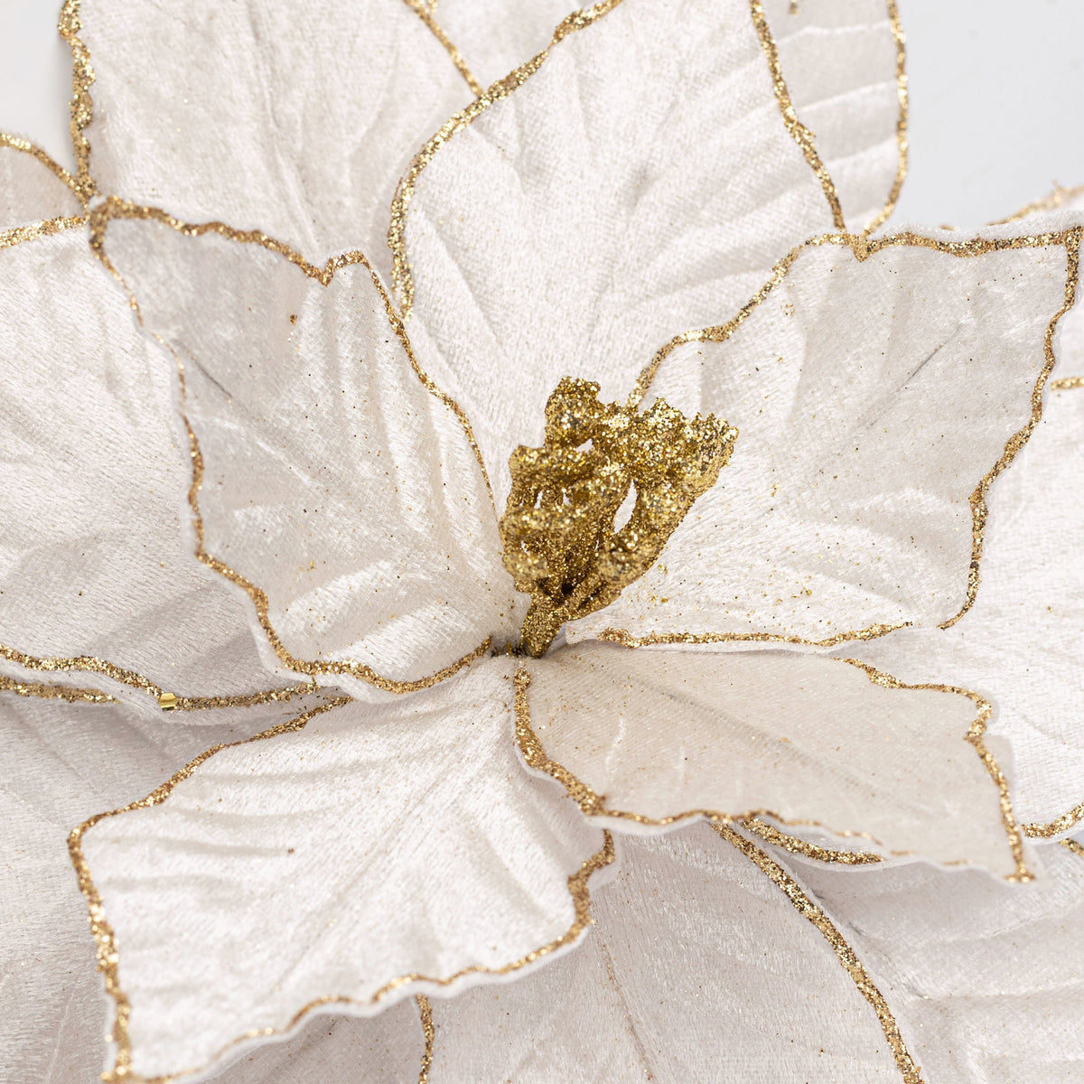 15" Glitter Edge Velvet Poinsettia Spray: White & Gold Lifestyle Photo