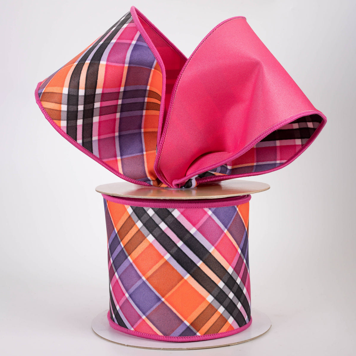 4" Double Sided Fused Halloween Plaid Ribbon: Hot Pink, Orange & Purple (10 Yards)