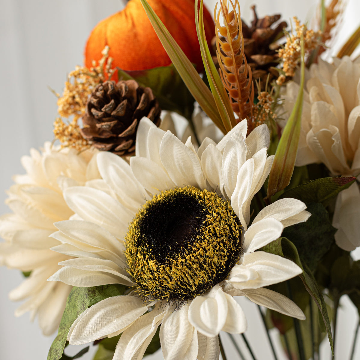 18" Sunflower Ball Mum Pumpkin Pinecone Bush: Cream & Orange Lifestyle Photo