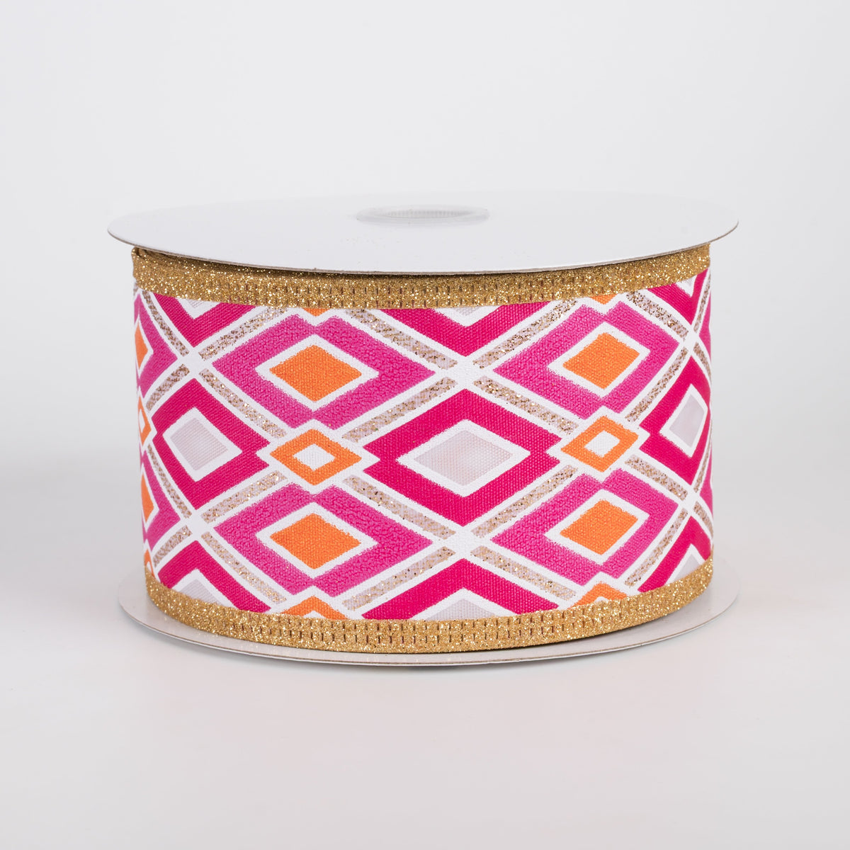 2.5" Abstract Diamonds Ribbon: Orange, Fuchsia & Gold (10 Yards) Item Number: 65624-40-28