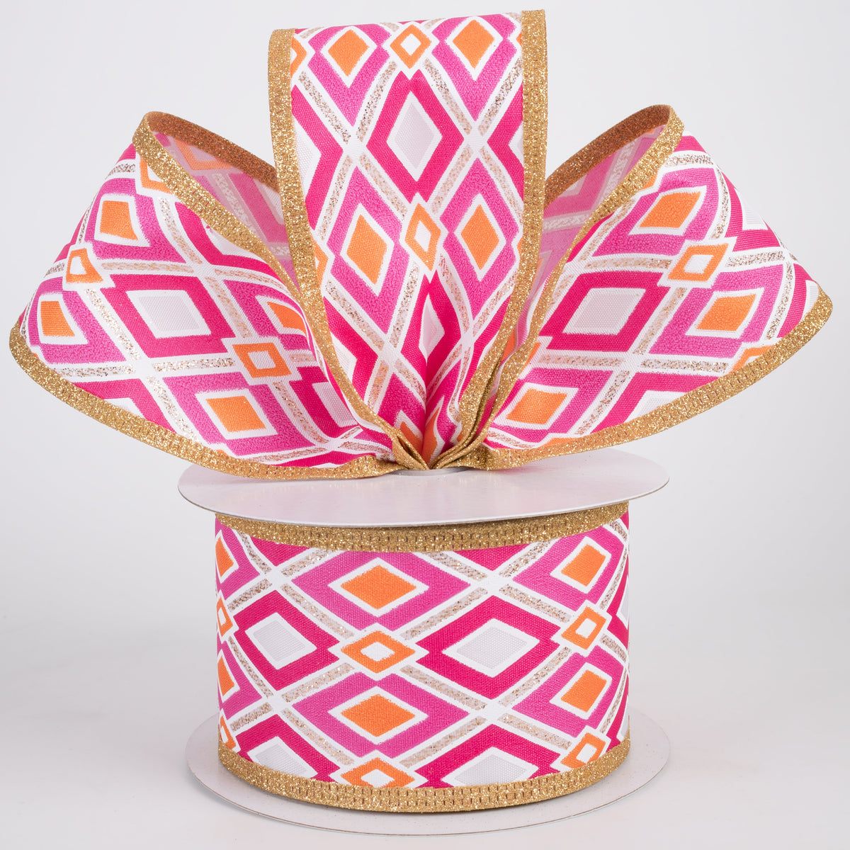 2.5" Abstract Diamonds Ribbon: Orange, Fuchsia & Gold (10 Yards) Lifestyle Photo