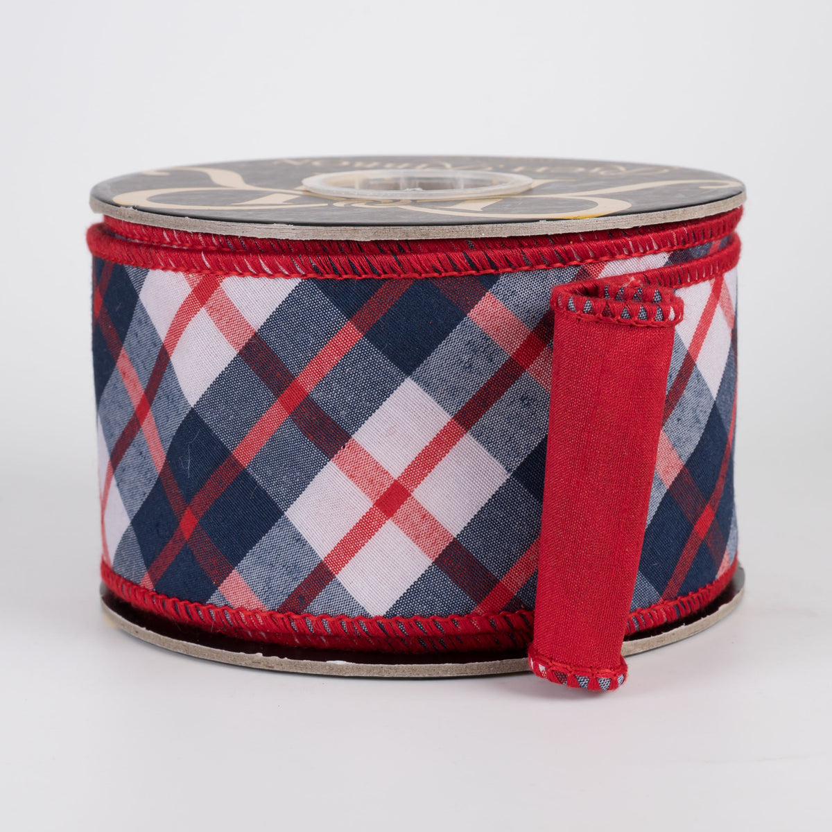 2.5" Bias Cut Plaid & Dupioni Fused Ribbon: Navy Blue, White & Red (10 Yards) Item Number: RR0083