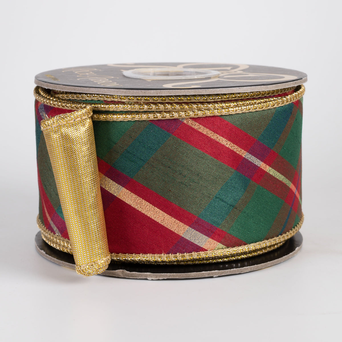 2.5" Bias Plaid Dupioni & Metallic Dupioni Fused Ribbon: Red, Green & Dark Gold (10 Yards) Item Number: RR0026