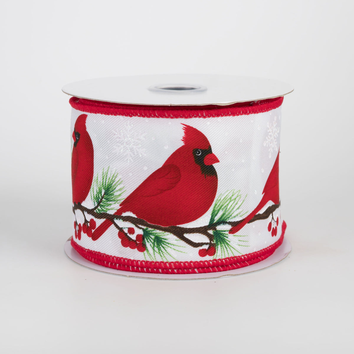 2.5" Cardinal On Snowy Pine Branch Ribbon: White (10 Yards) Item Number: RGE110027