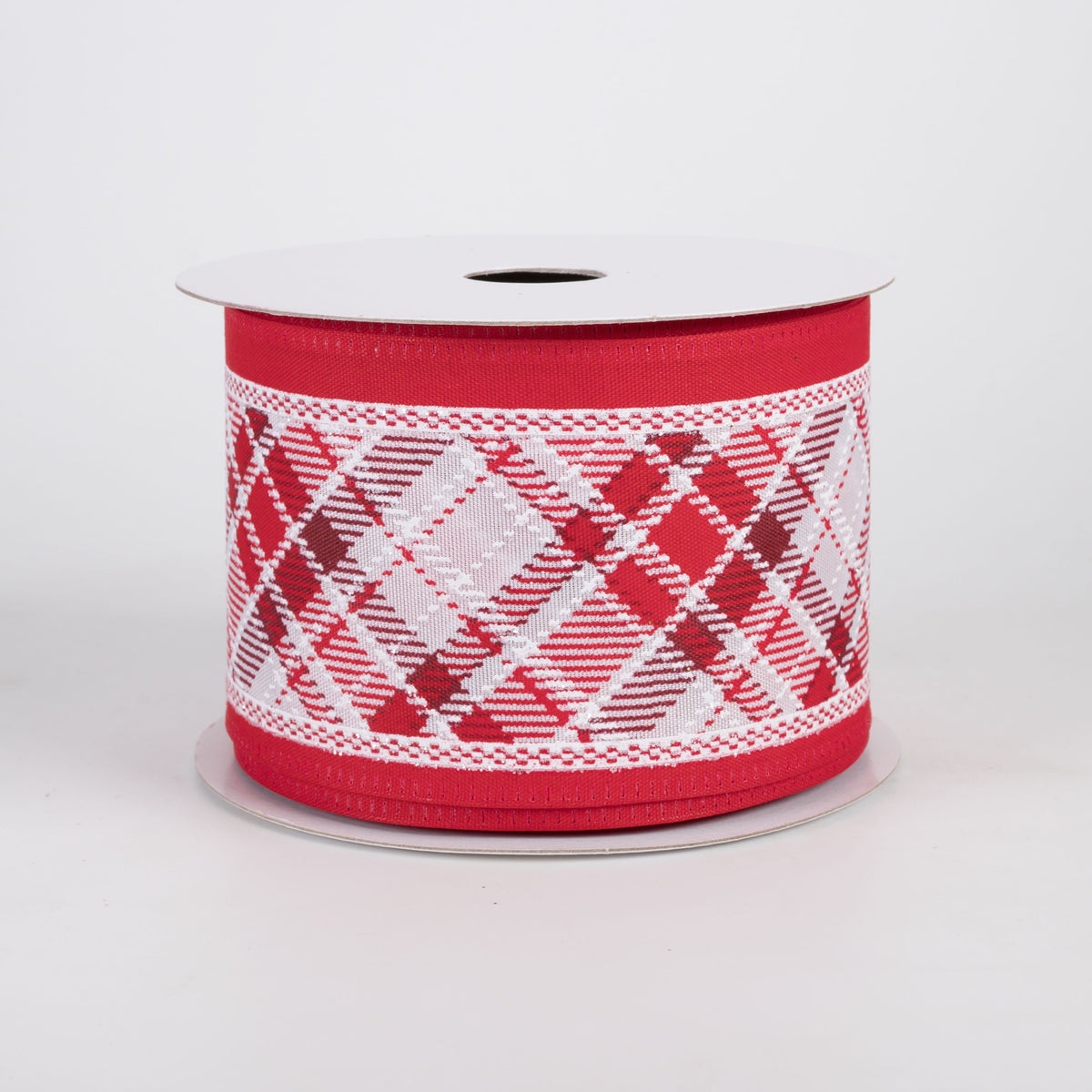 2.5" Diagonal Plaid Edge Ribbon: Red & White (10 Yards) Item Number: 76604-40-13