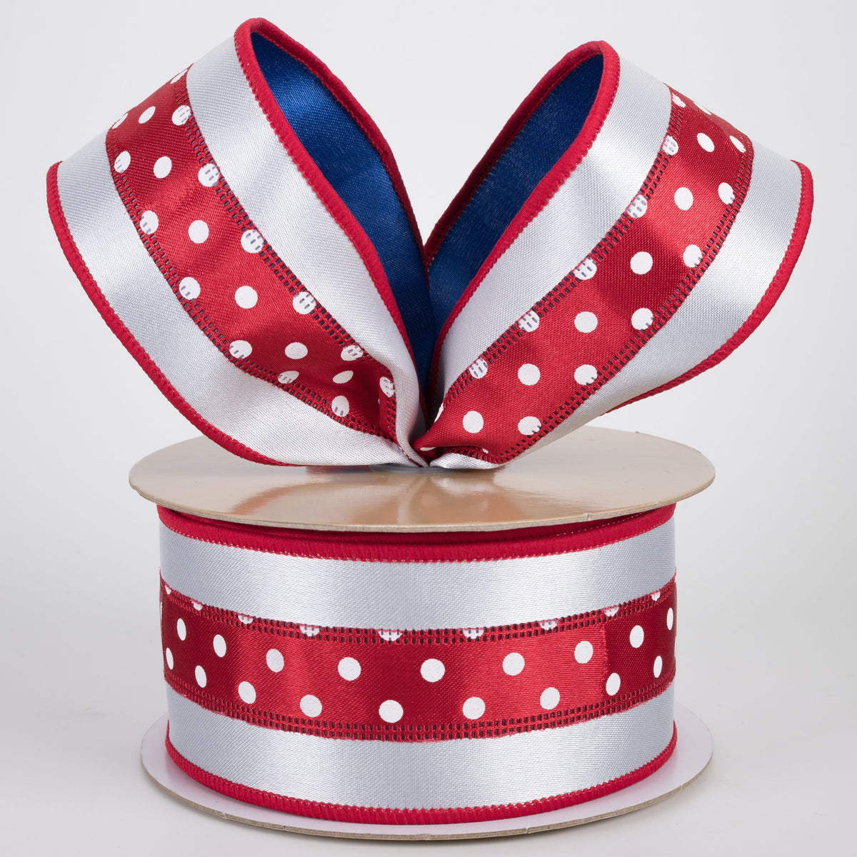 2.5" Double Sided Fused 3-in-1 Polka Dot Ribbon: Red, White & Blue (10 Yards) Lifestyle Photo