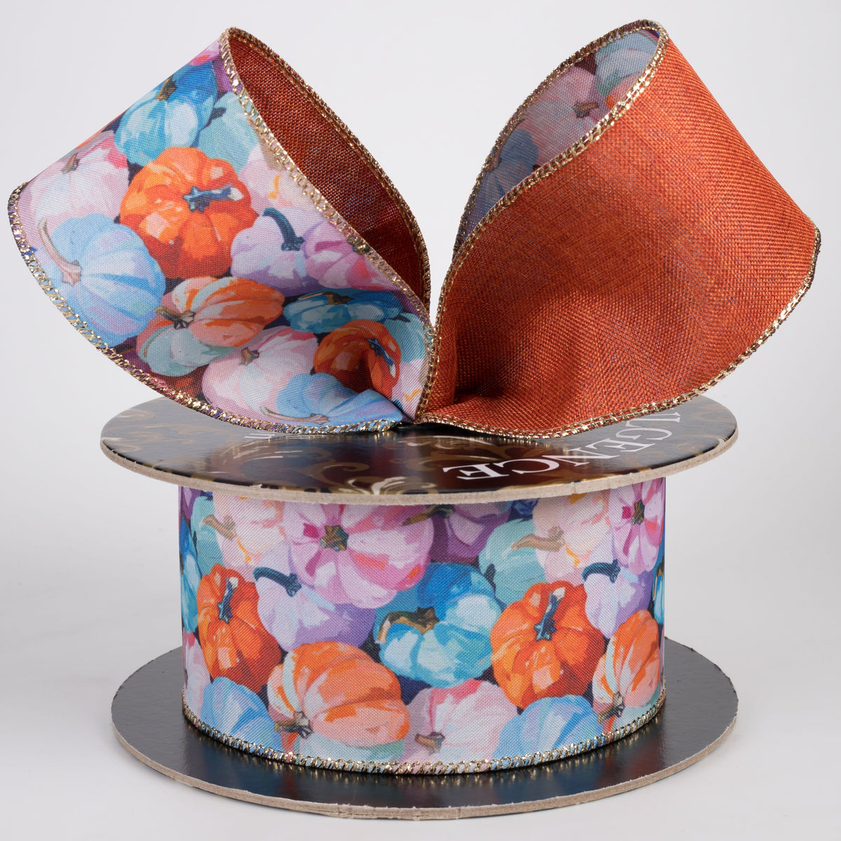 2.5" Double Sided Fused Abstract Pastel Pumpkins Ribbon: Rust (10 Yards) Lifestyle Photo